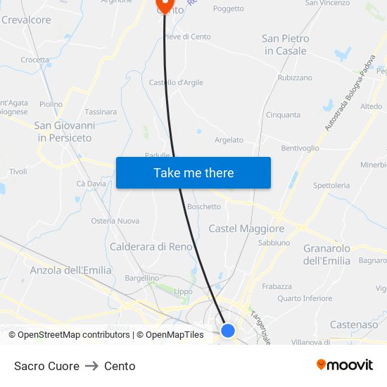 Sacro Cuore to Cento map