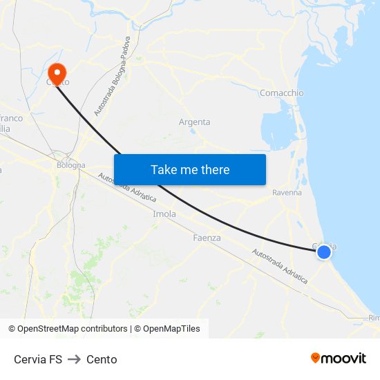 Cervia FS to Cento map