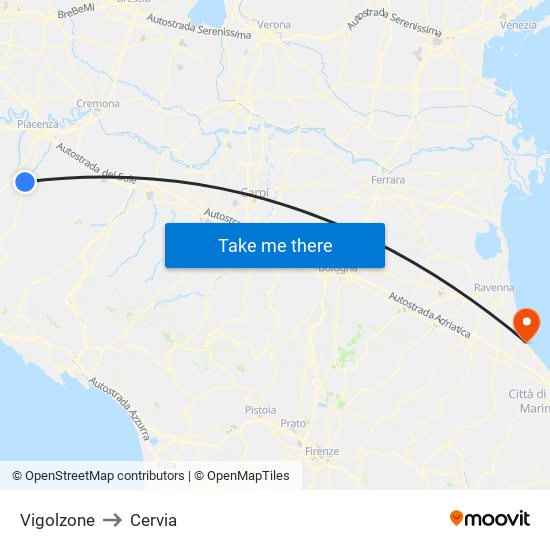 Vigolzone to Cervia map