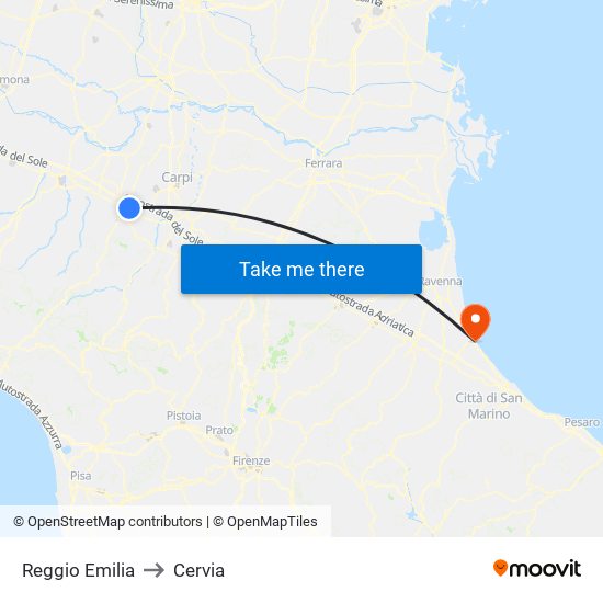 Reggio Emilia to Cervia map