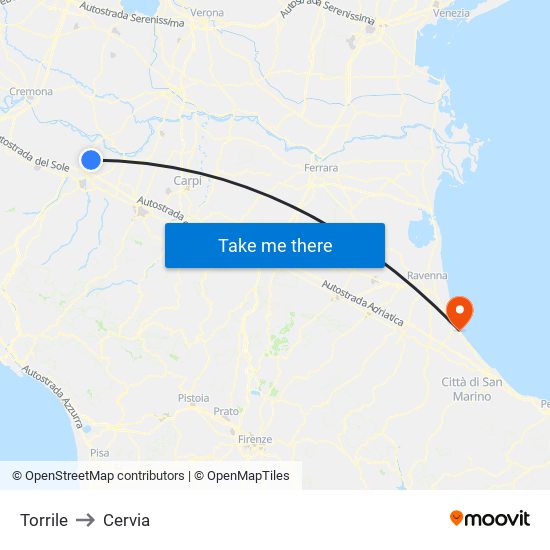 Torrile to Cervia map