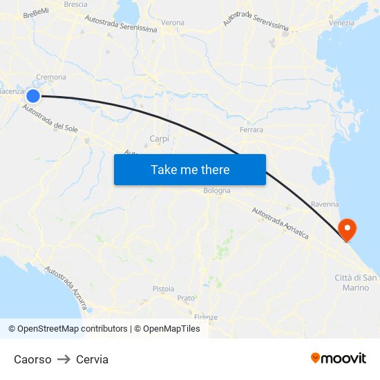 Caorso to Cervia map
