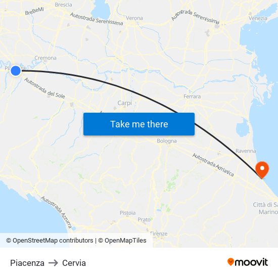 Piacenza to Cervia map