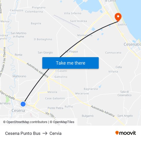 Cesena Punto Bus to Cervia map