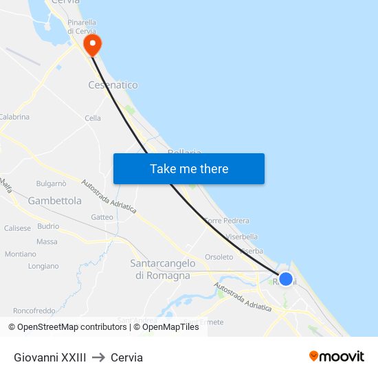 Giovanni XXIII to Cervia map