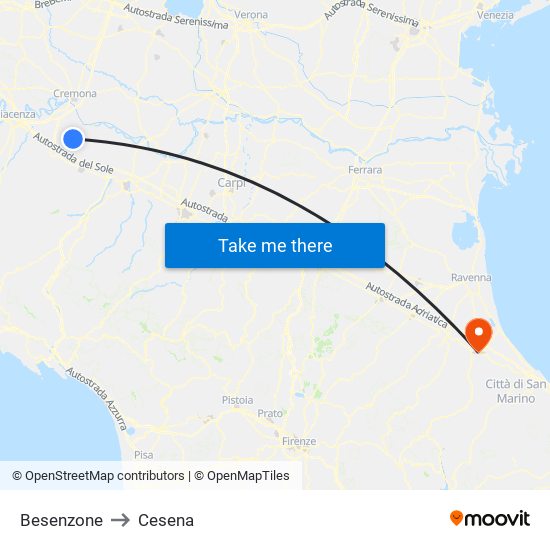 Besenzone to Cesena map