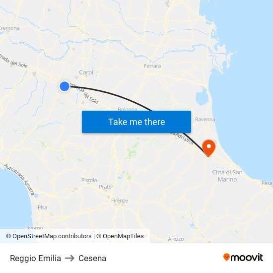 Reggio Emilia to Cesena map