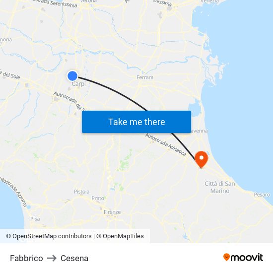 Fabbrico to Cesena map