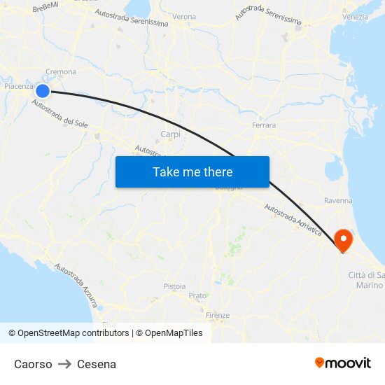 Caorso to Cesena map