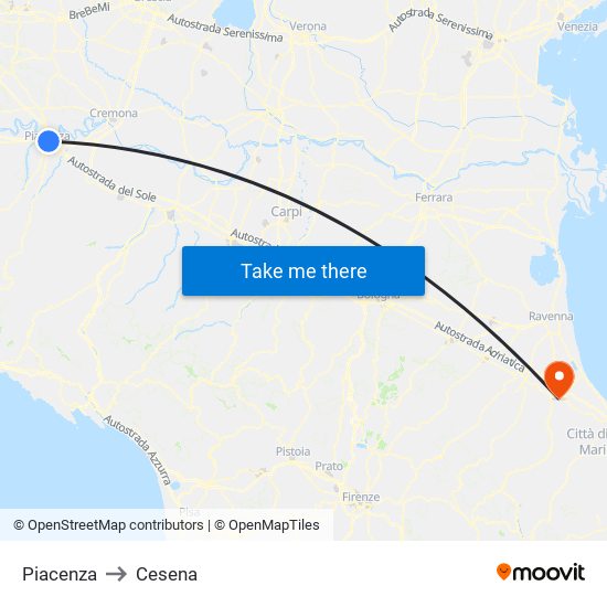 Piacenza to Cesena map
