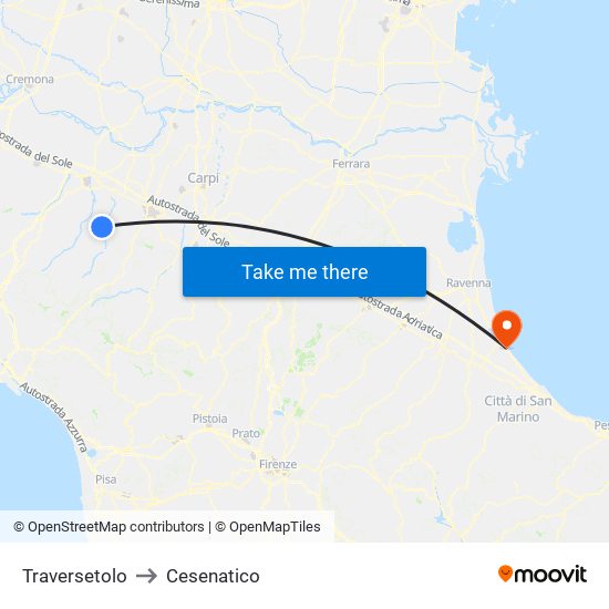 Traversetolo to Cesenatico map
