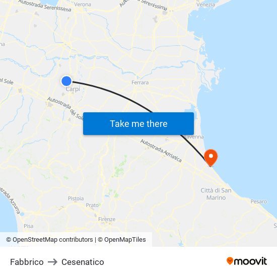 Fabbrico to Cesenatico map