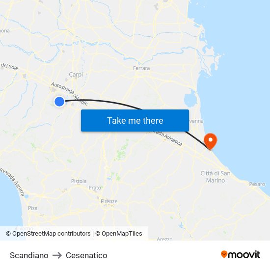 Scandiano to Cesenatico map
