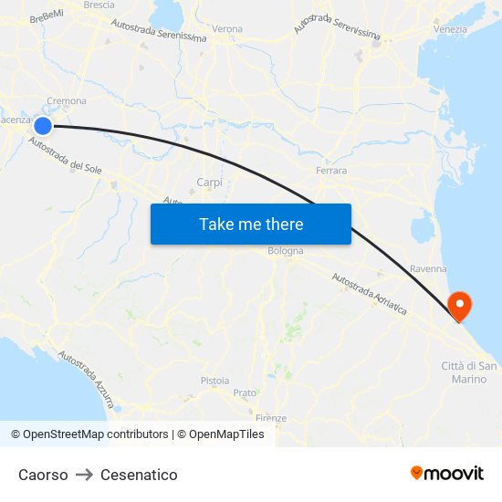 Caorso to Cesenatico map