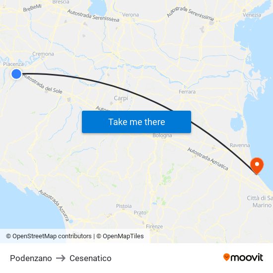Podenzano to Cesenatico map
