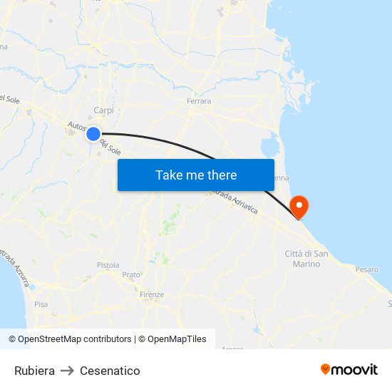 Rubiera to Cesenatico map