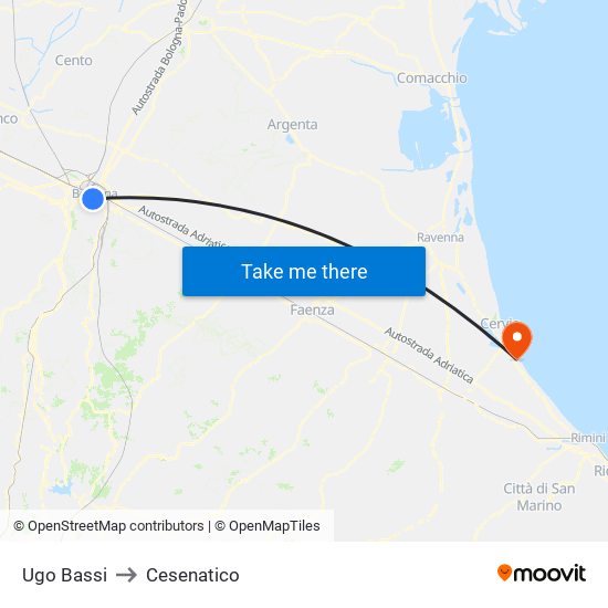 Ugo Bassi to Cesenatico map