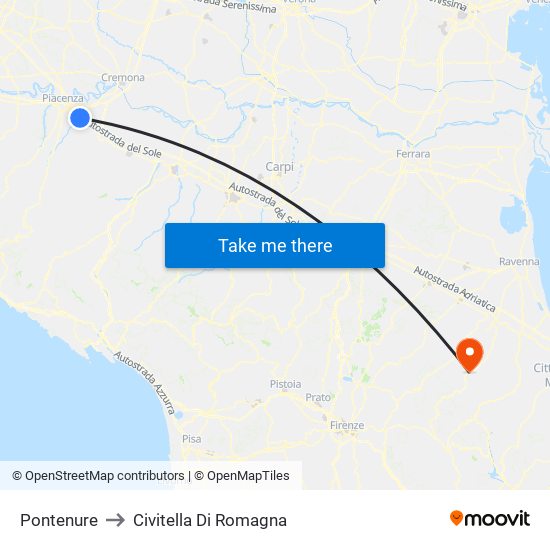 Pontenure to Civitella Di Romagna map