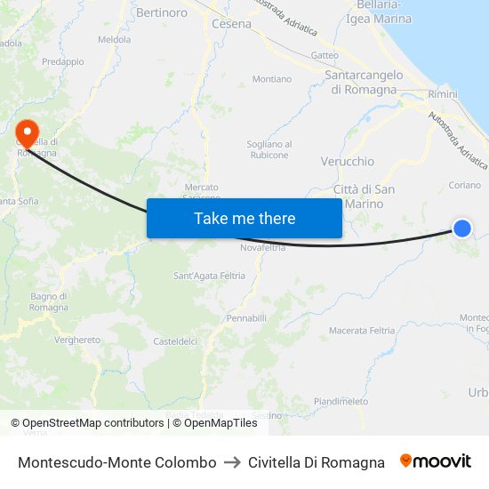 Montescudo-Monte Colombo to Civitella Di Romagna map