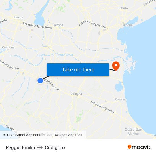 Reggio Emilia to Codigoro map