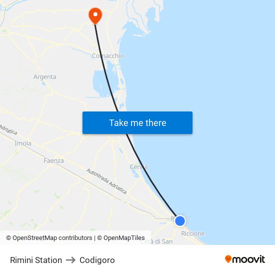 Rimini Station to Codigoro map