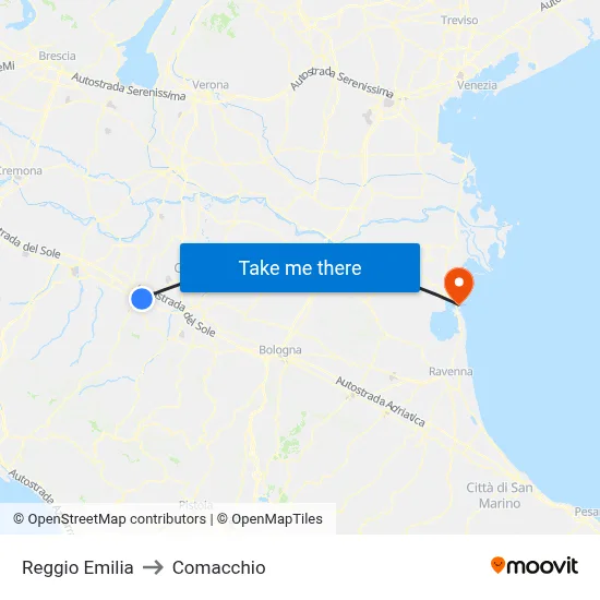 Reggio Emilia to Comacchio map