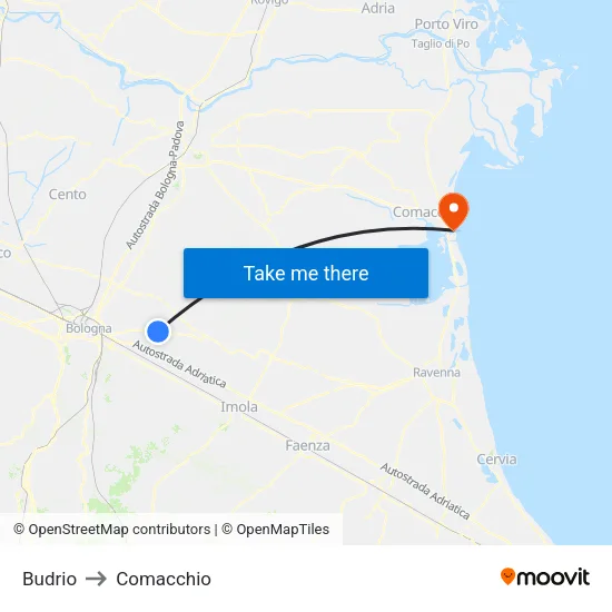 Budrio to Comacchio map