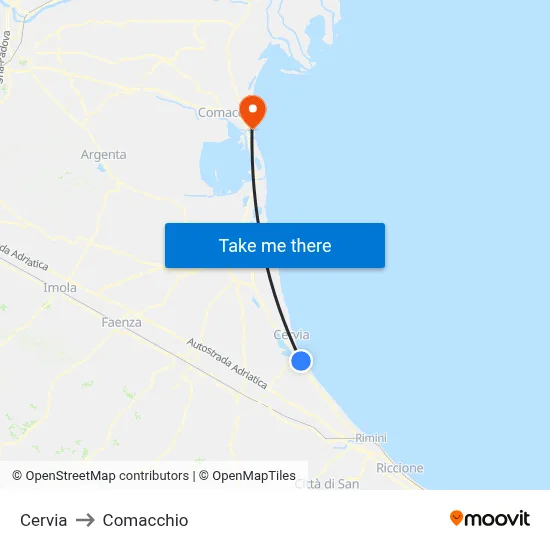 Cervia to Comacchio map
