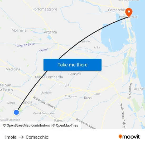 Imola to Comacchio map