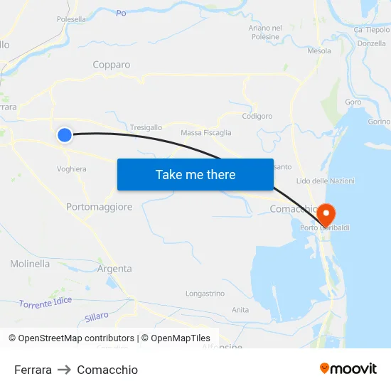 Ferrara to Comacchio map