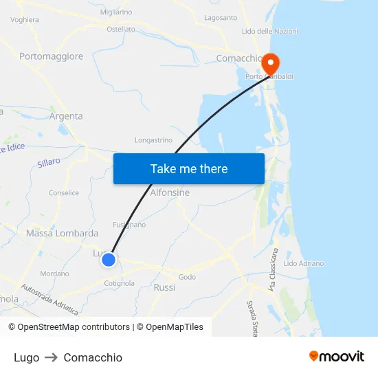 Lugo to Comacchio map