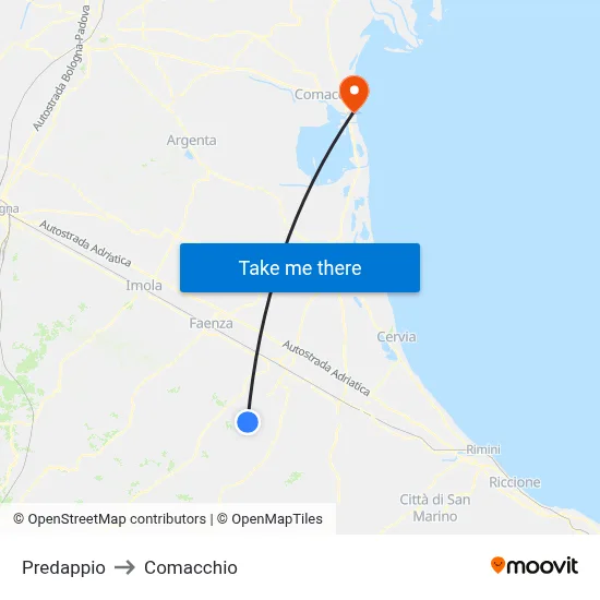 Predappio to Comacchio map