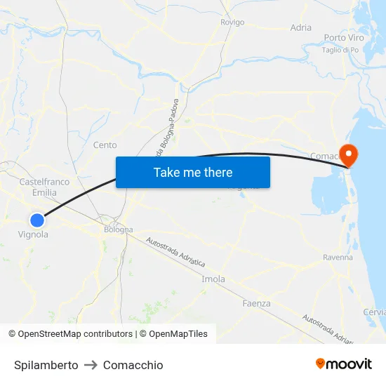 Spilamberto to Comacchio map
