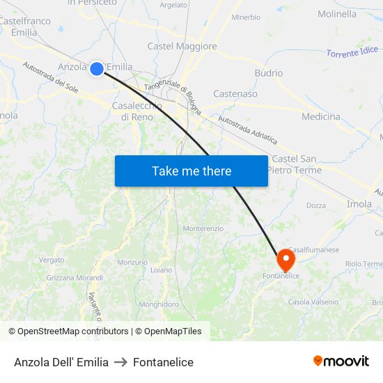 Anzola Dell' Emilia to Fontanelice map