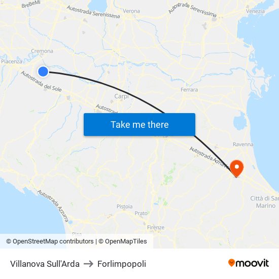 Villanova Sull'Arda to Forlimpopoli map