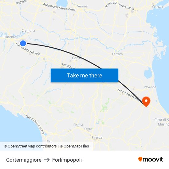 Cortemaggiore to Forlimpopoli map