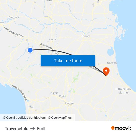 Traversetolo to Forlì map