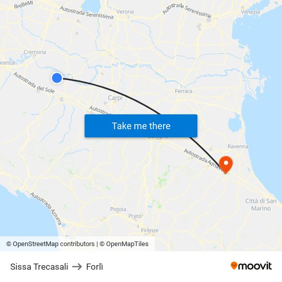 Sissa Trecasali to Forlì map