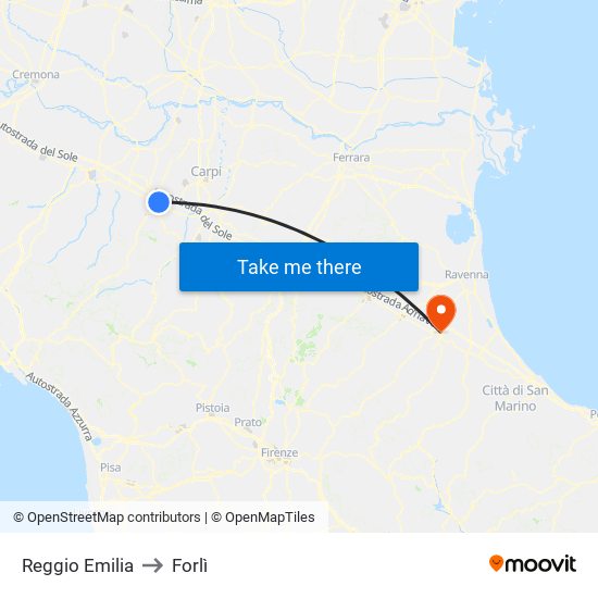 Reggio Emilia to Forlì map