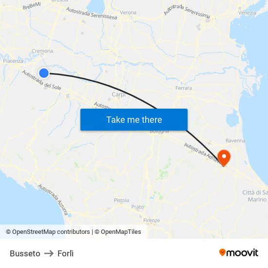 Busseto to Forlì map
