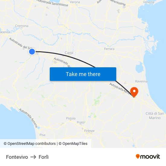 Fontevivo to Forlì map