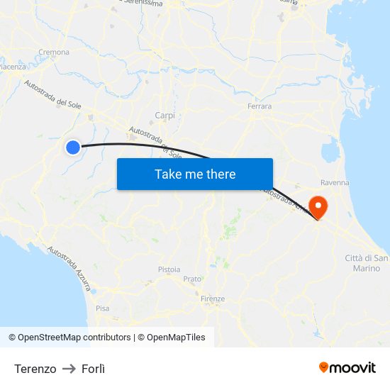 Terenzo to Forlì map