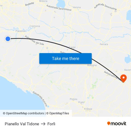 Pianello Val Tidone to Forlì map