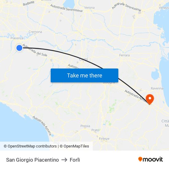 San Giorgio Piacentino to Forlì map