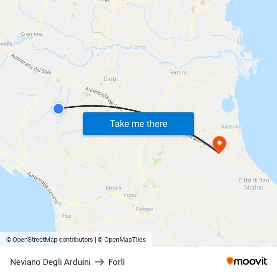 Neviano Degli Arduini to Forlì map