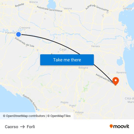 Caorso to Forlì map