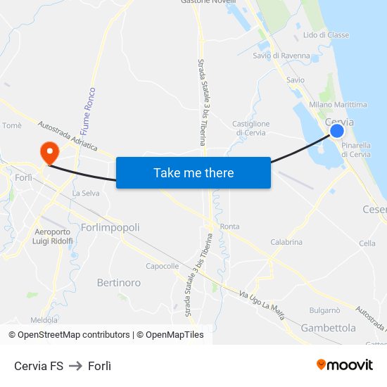 Cervia FS to Forlì map