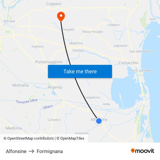 Alfonsine to Formignana map