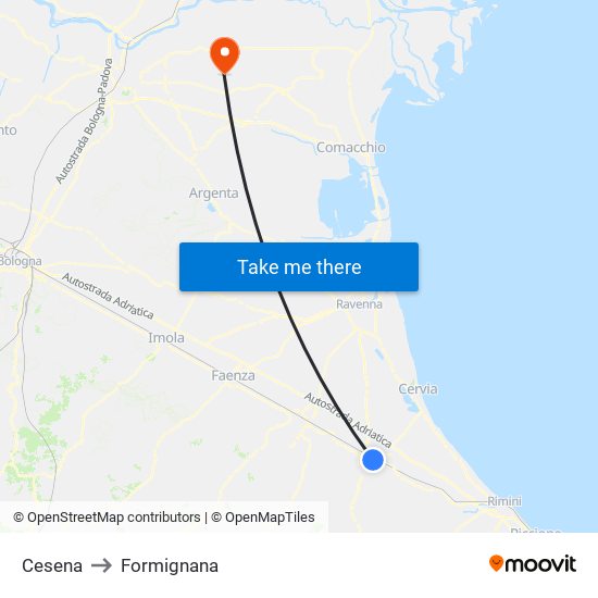 Cesena to Formignana map