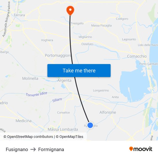 Fusignano to Formignana map